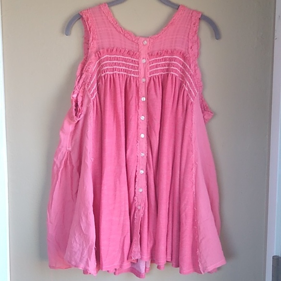 Free People Oversized Flowy Gossy Boho Tunic Pink Distressed cotton Top Size L, - Picture 7 of 10